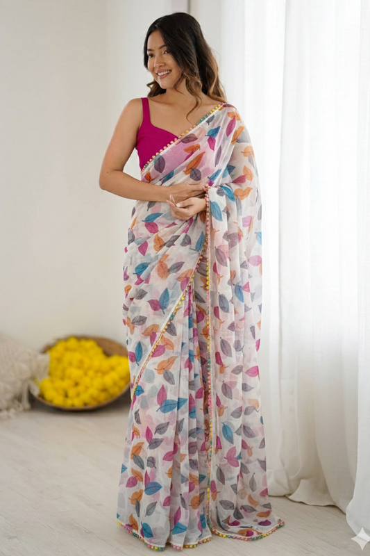Off White Colour Chiffon Printed Saree