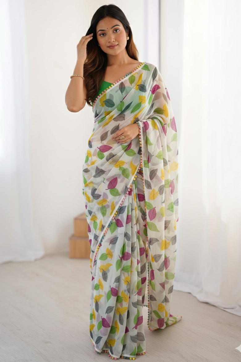 Off White Colour Chiffon Printed Saree