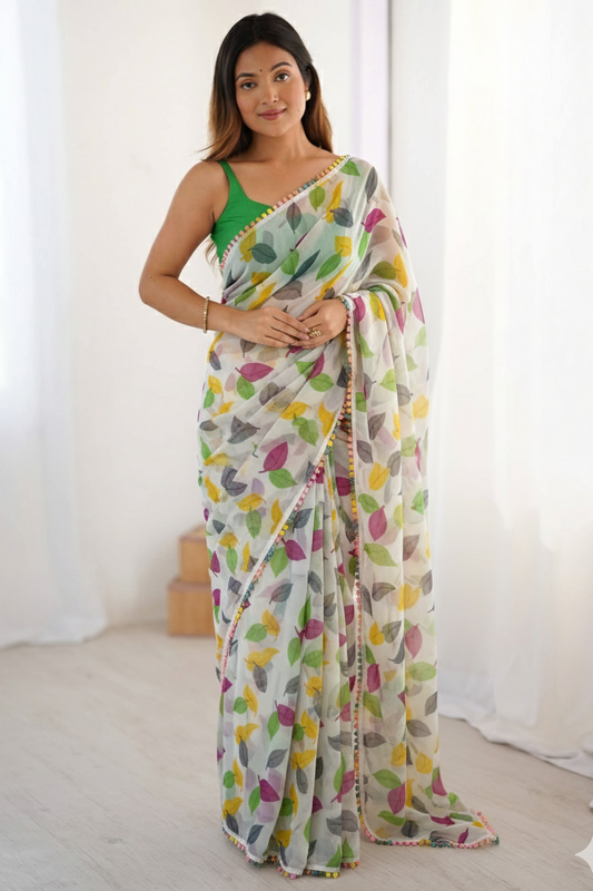 Off White Colour Chiffon Printed Saree