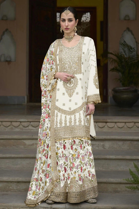 Off White Colour Chinon Palazzo Pant Suit SM1140127