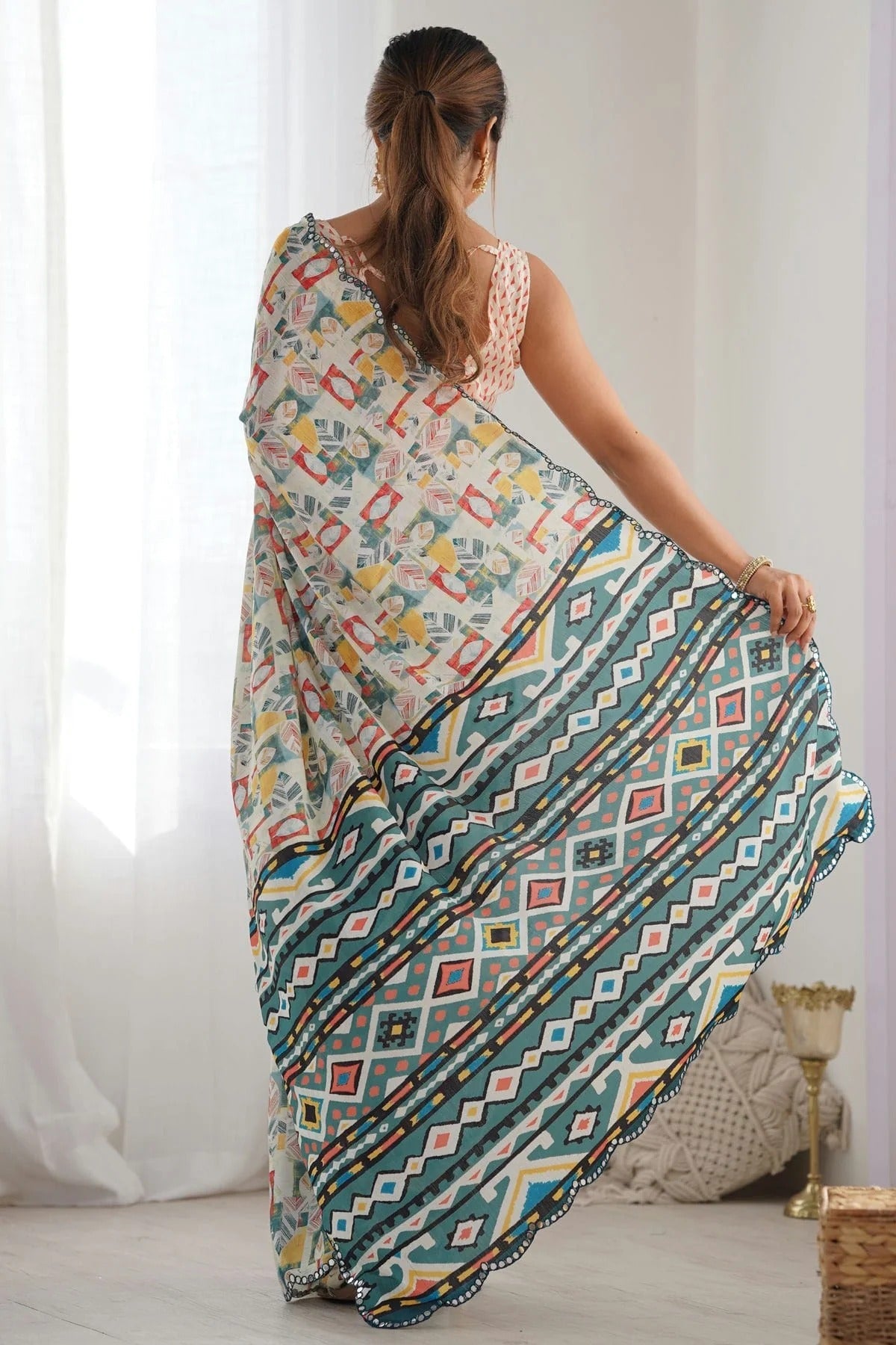 Off White Colour Chinon Printed Saree SD1112078 A