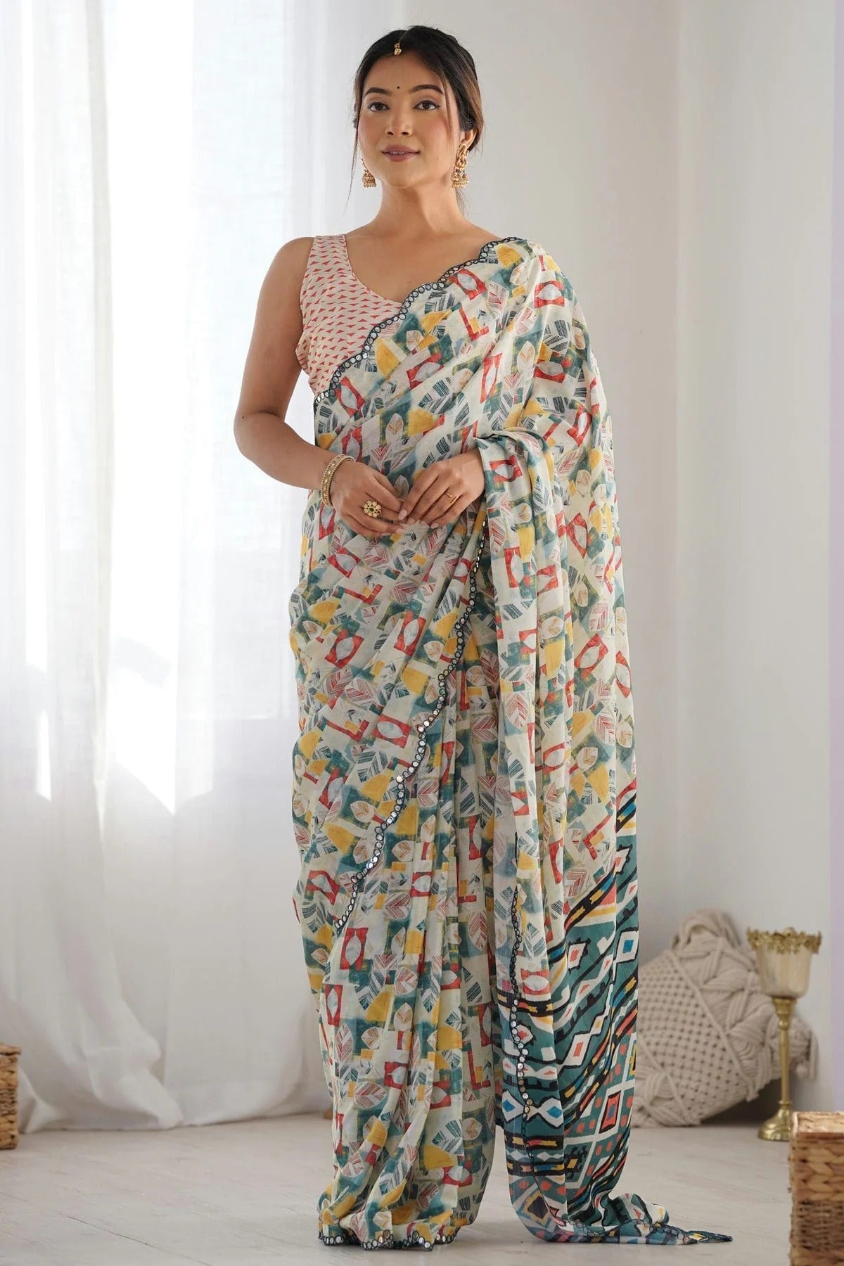 Off White Colour Chinon Printed Saree SD1112078