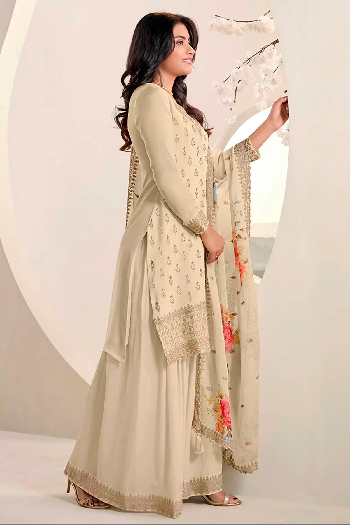 Off White Colour Chinon Sharara Suit SM1110724