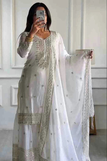 Off White Colour Chinon Silk Stitched Sharara Suit SS1140770 A