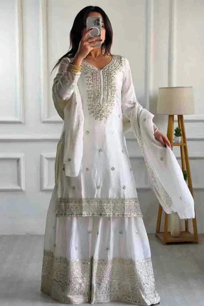 Off White Colour Chinon Silk Stitched Sharara Suit SS1140770
