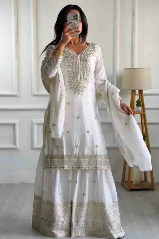 Off White Colour Chinon Silk Stitched Sharara Suit SS1140770