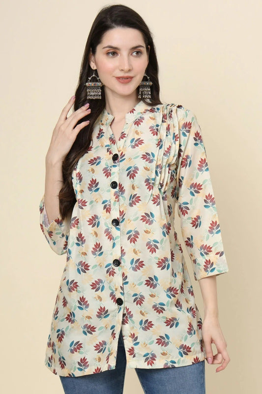 Off White Colour Cotton Printed Work Readymade Top TP1110787