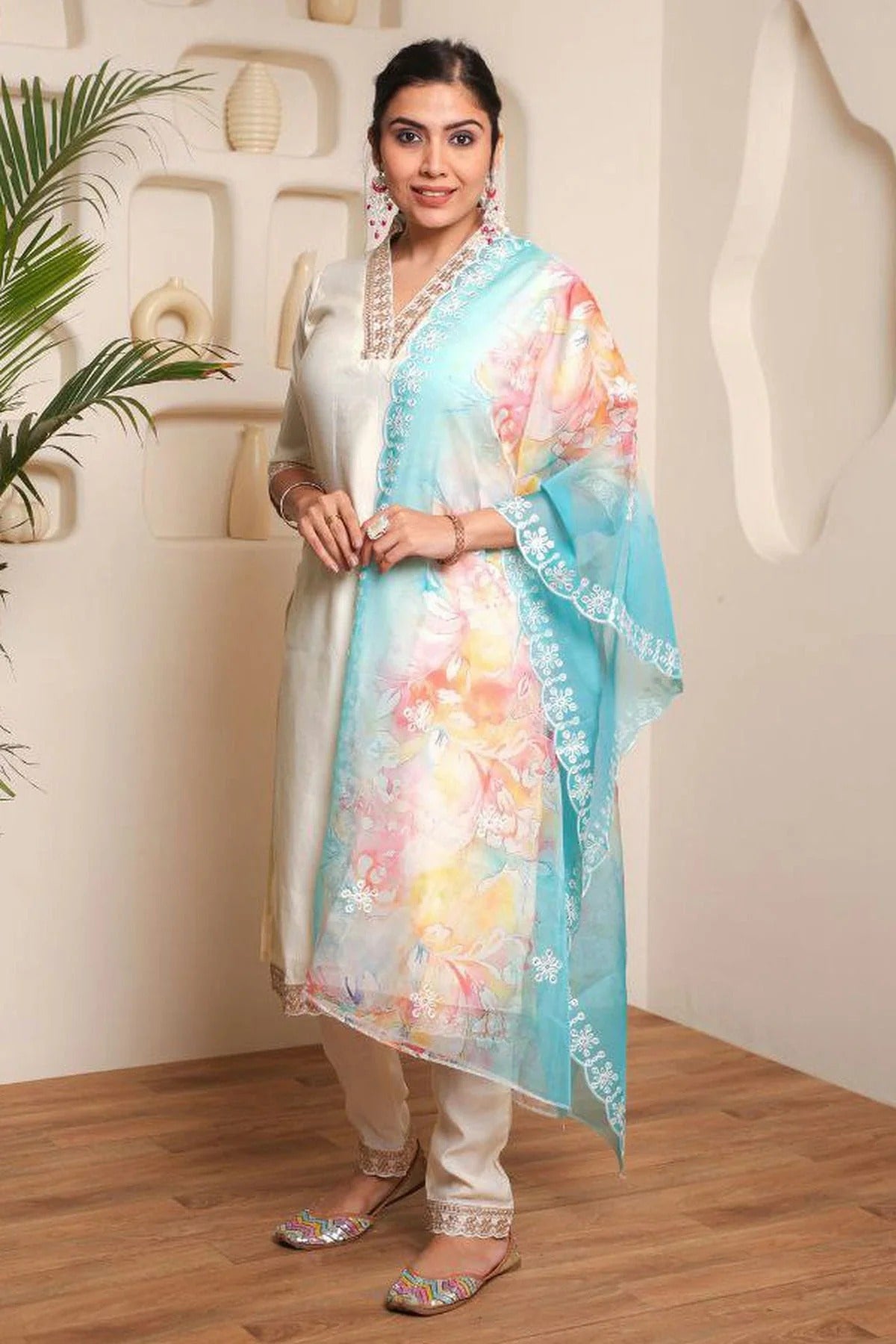 Off White Colour Embroidery Chanderi Stitched Suit SS1112503