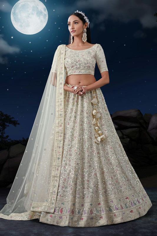 Off White Colour Embroidery Georgette Lehenga Choli LD1080728