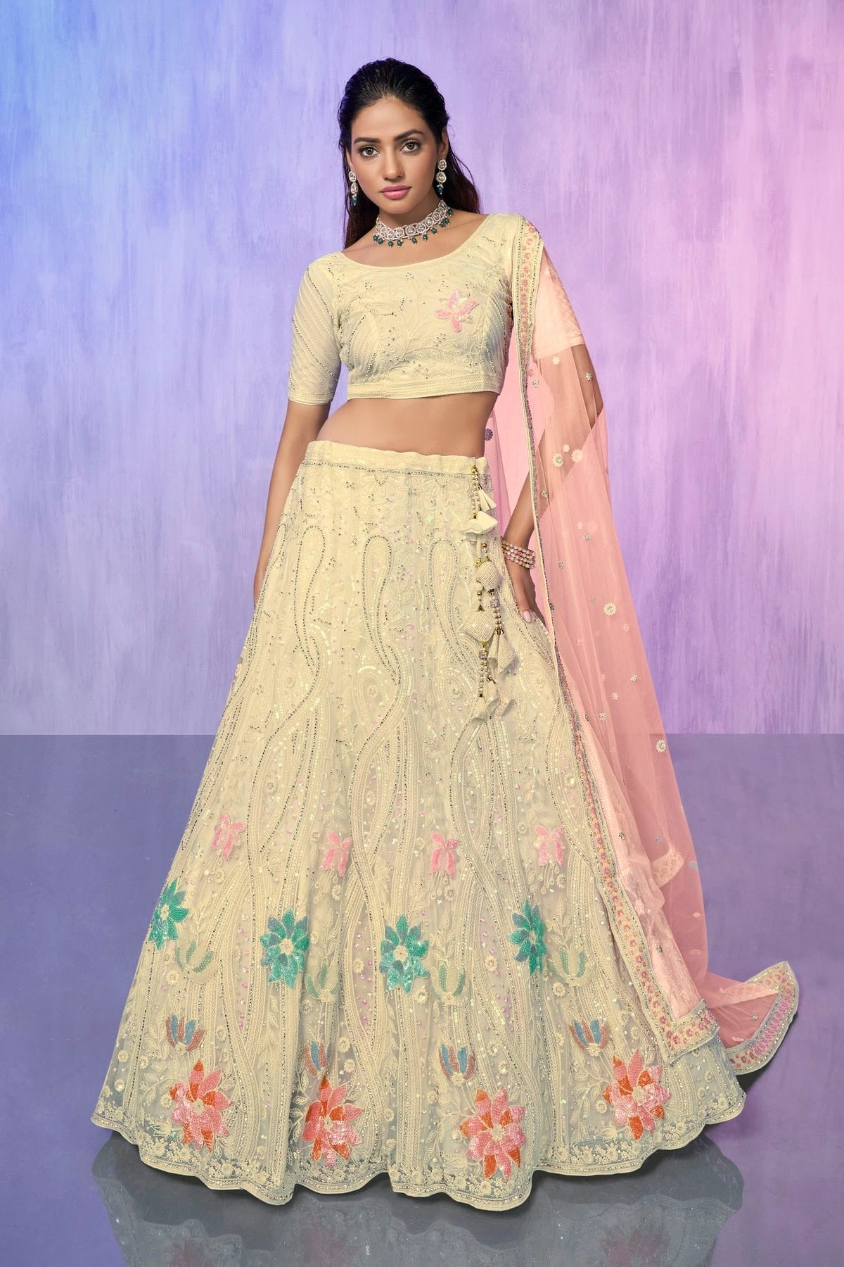 Off White Colour Embroidery Net Lehenga Choli LD1080733