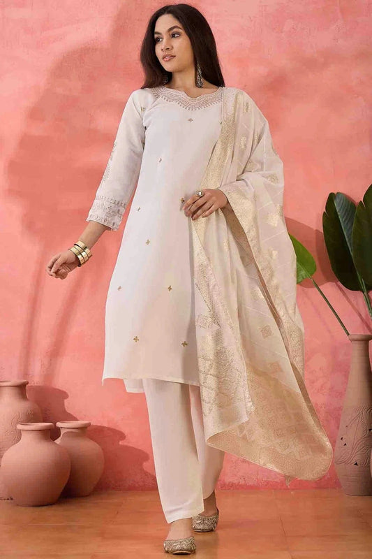 Off White Colour Embroidery Roman Silk Pant Style Suit SS1113514