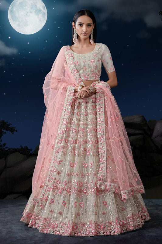 Off White Colour Embroidery Soft Net Lehenga Choli LD1080722