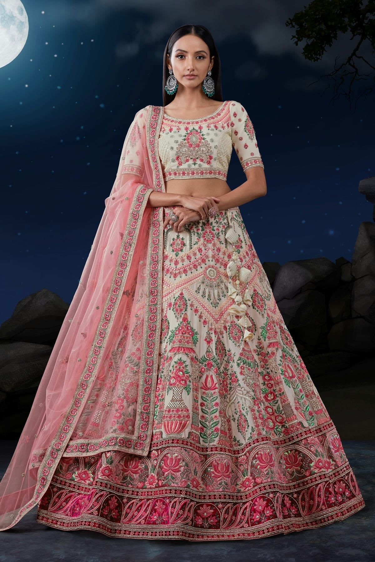 Off White Colour Embroidery Soft Net Lehenga Choli LD1080726