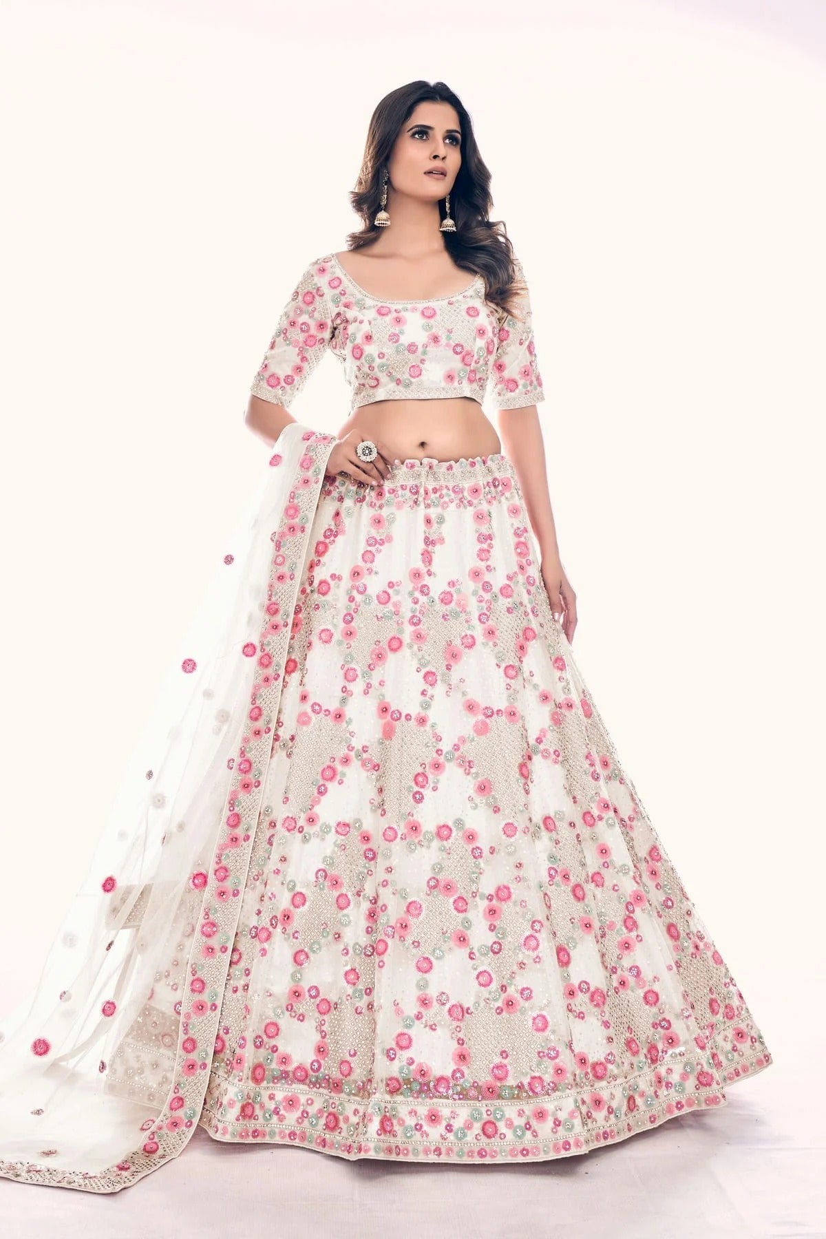 Off White Colour Embroidery Soft Net Lehenga Choli LD1080762