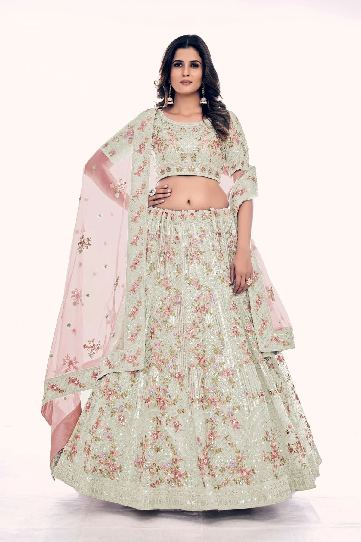Off White Colour Embroidery Soft Net Lehenga Choli LD1080764