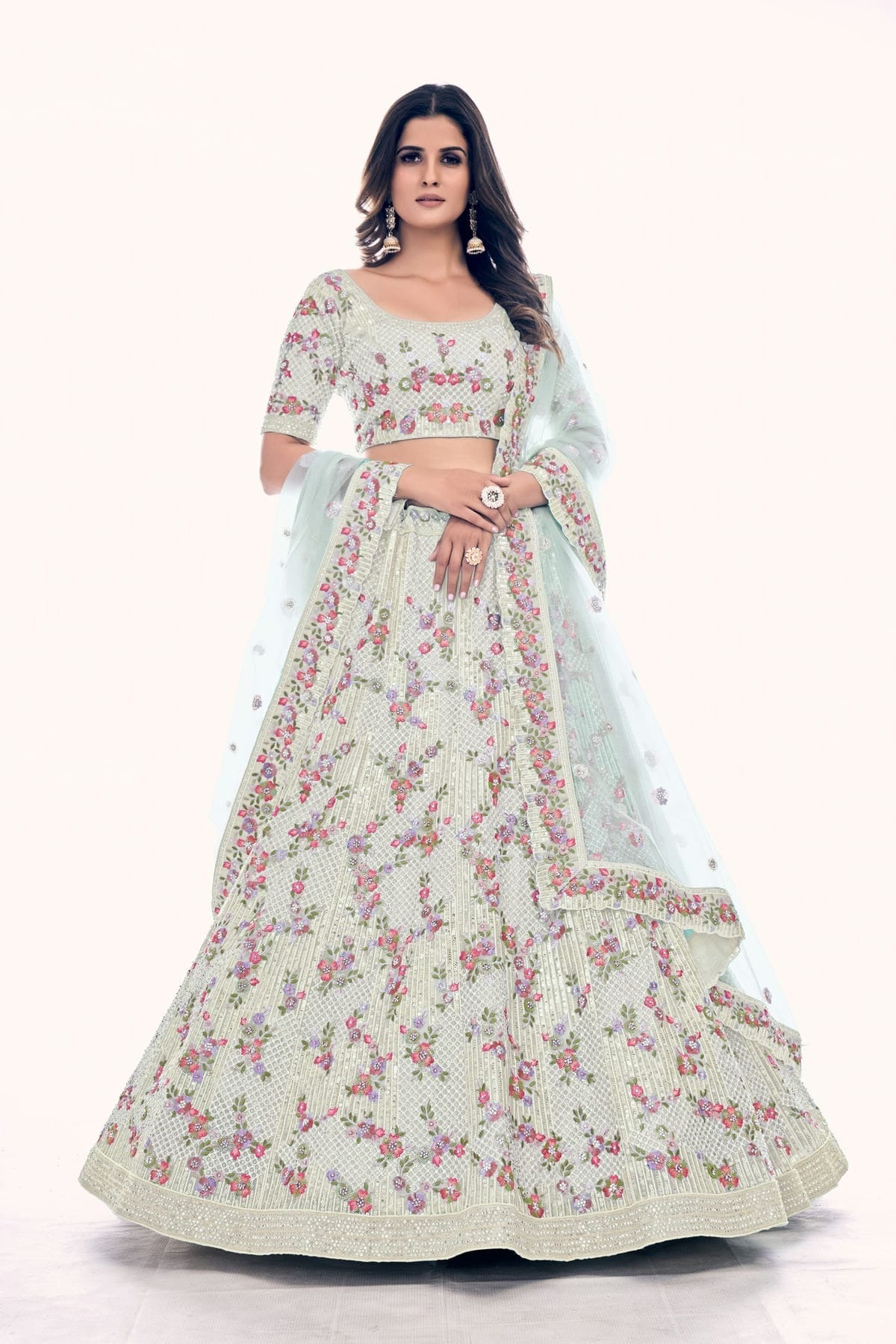 Off White Colour Embroidery Soft Net Lehenga Choli LD1080768