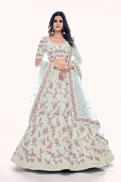Off White Colour Embroidery Soft Net Lehenga Choli LD1080768
