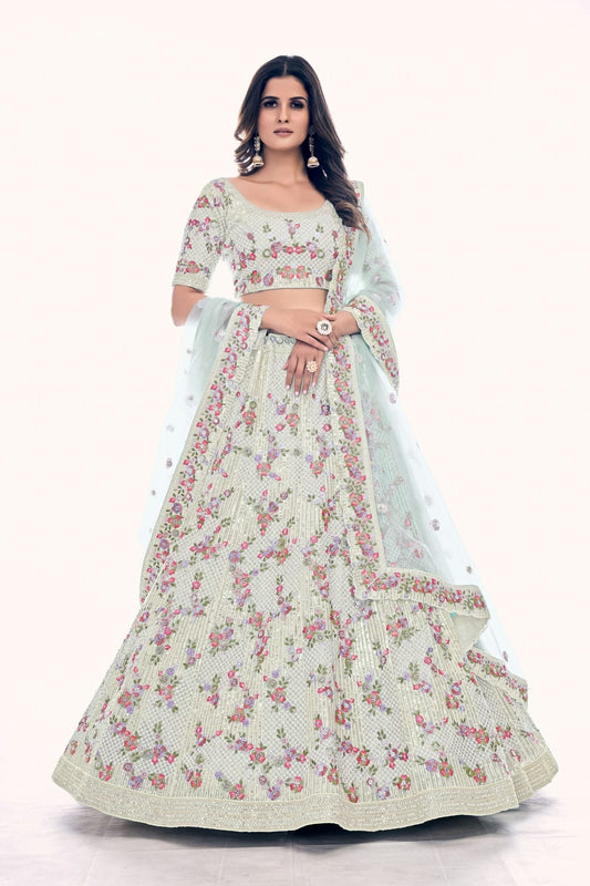 Off White Colour Embroidery Soft Net Lehenga Choli LD1080768