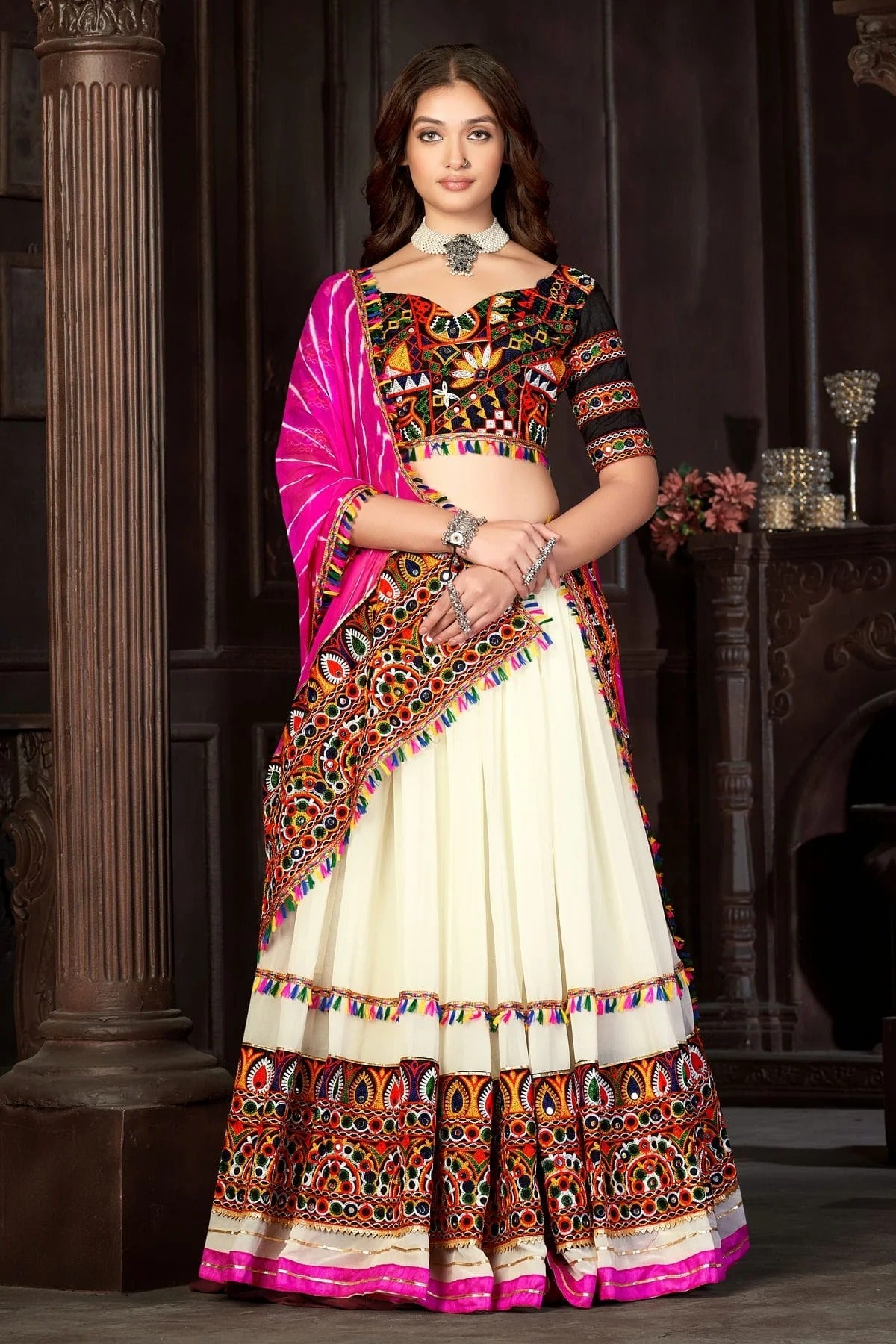 Off White Colour Embroidery Work Georgette Navratri Lehenga LD1170013