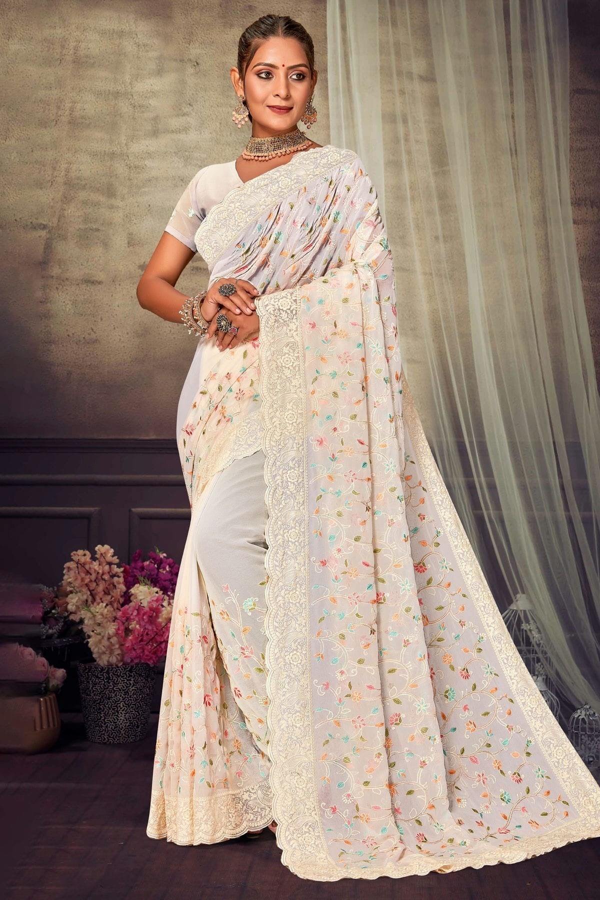 Off White Colour Georgette Designer Saree LC1121551