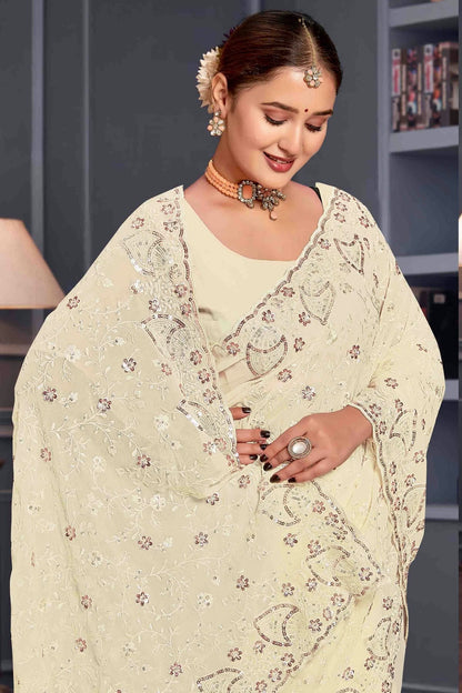 Off White Colour Georgette Embroidery Work Designer Saree SD1091248 A