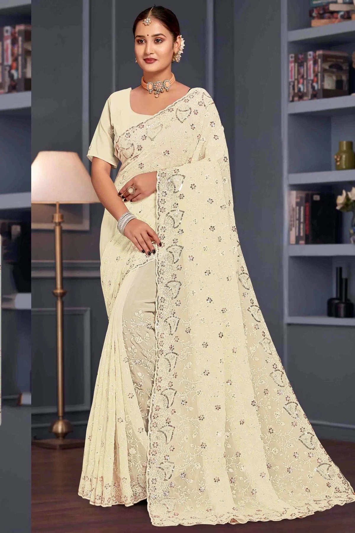 Off White Colour Georgette Embroidery Work Designer Saree SD1091248