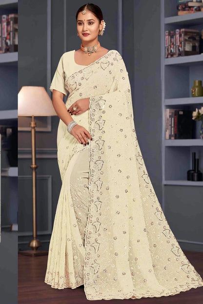 Off White Colour Georgette Embroidery Work Designer Saree SD1091248