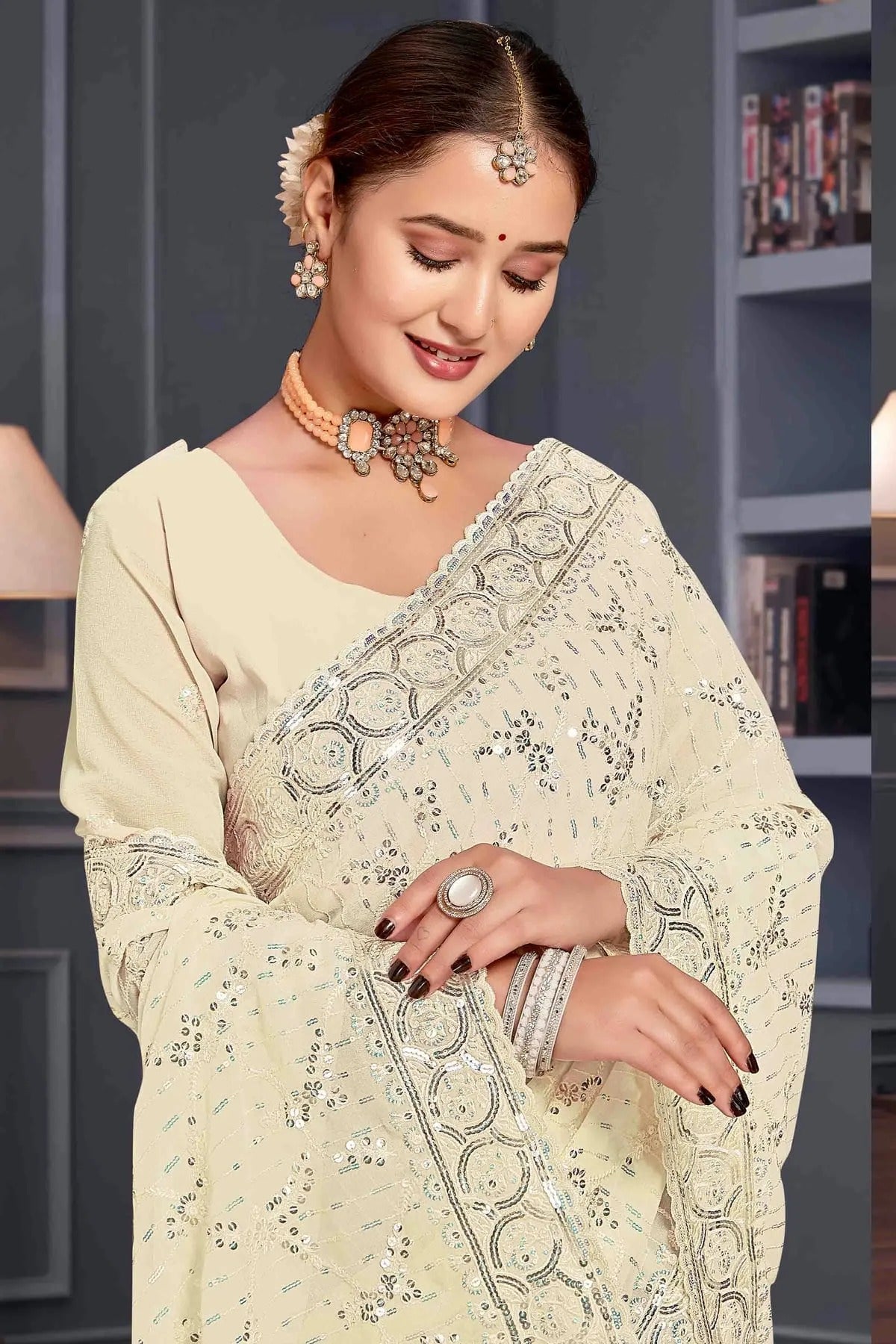 Off White Colour Georgette Embroidery Work Designer Saree SD1091252 A