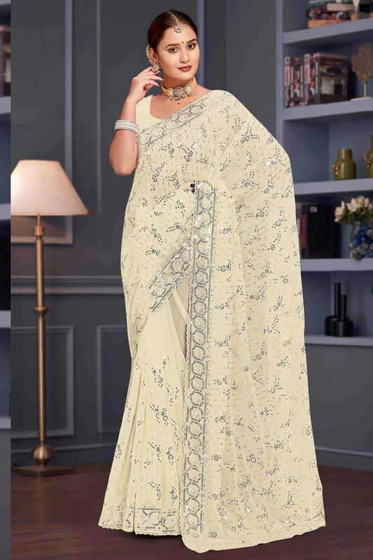 Off White Colour Georgette Embroidery Work Designer Saree SD1091252