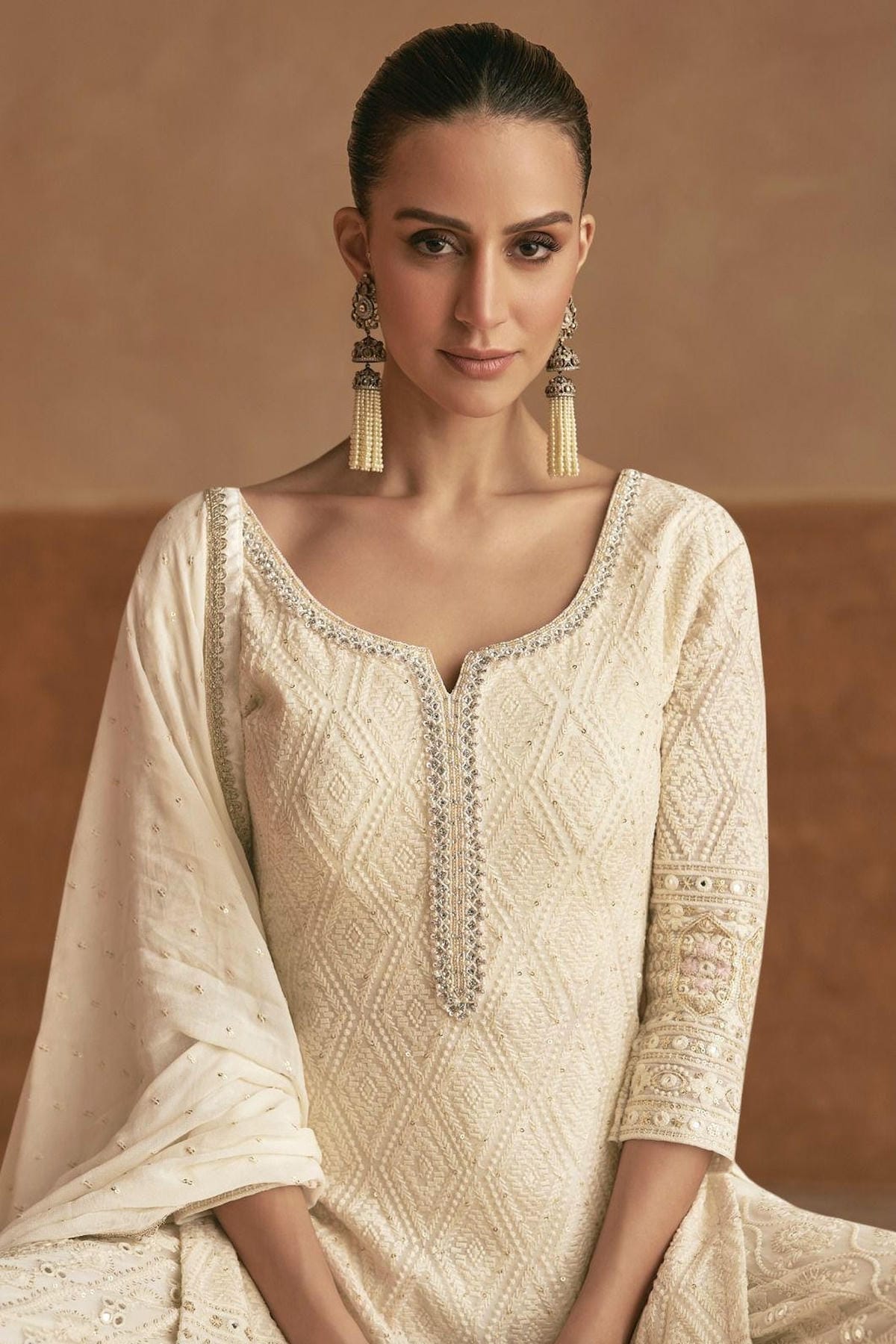Off White Colour Georgette Embroidery Work Palazzo Pant Suit