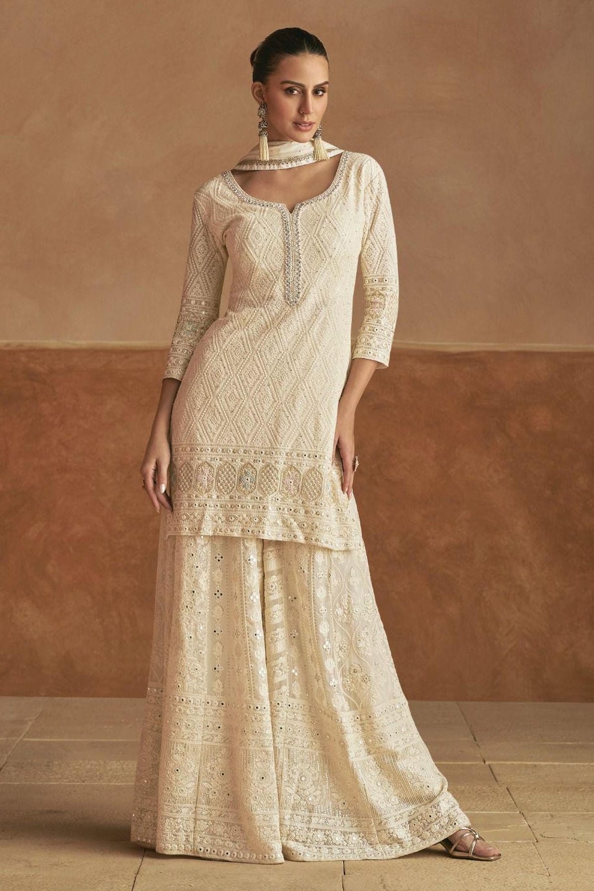 Off White Colour Georgette Embroidery Work Palazzo Pant Suit