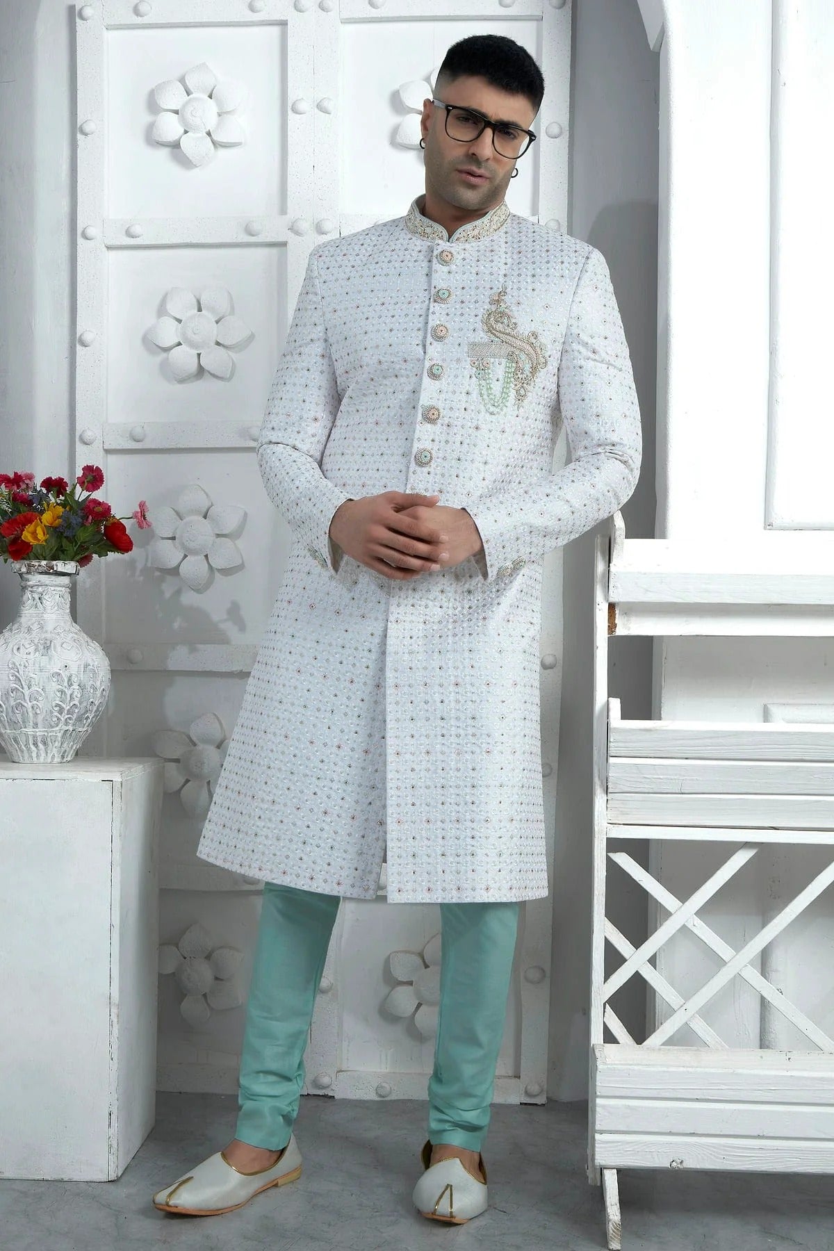 Off White Colour Georgette Sherwani With Churidar Pant SH1230074 A