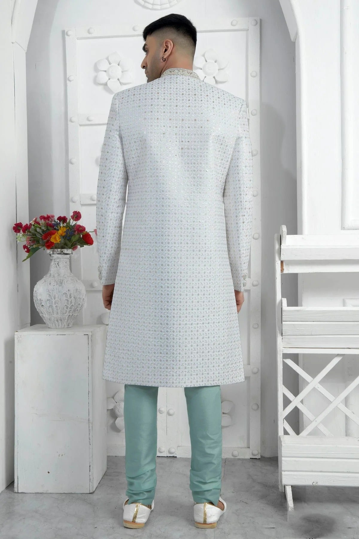 Off White Colour Georgette Sherwani With Churidar Pant SH1230074 B