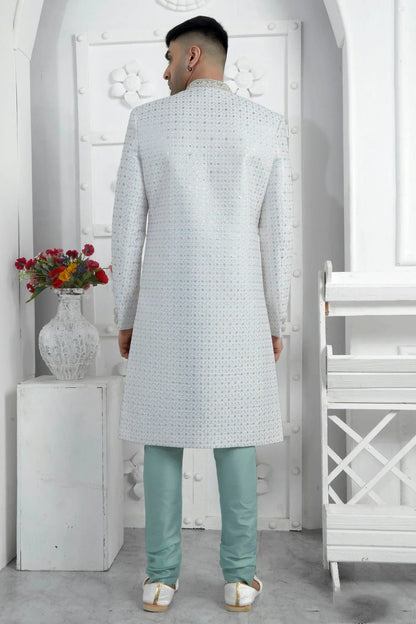 Off White Colour Georgette Sherwani With Churidar Pant SH1230074 B