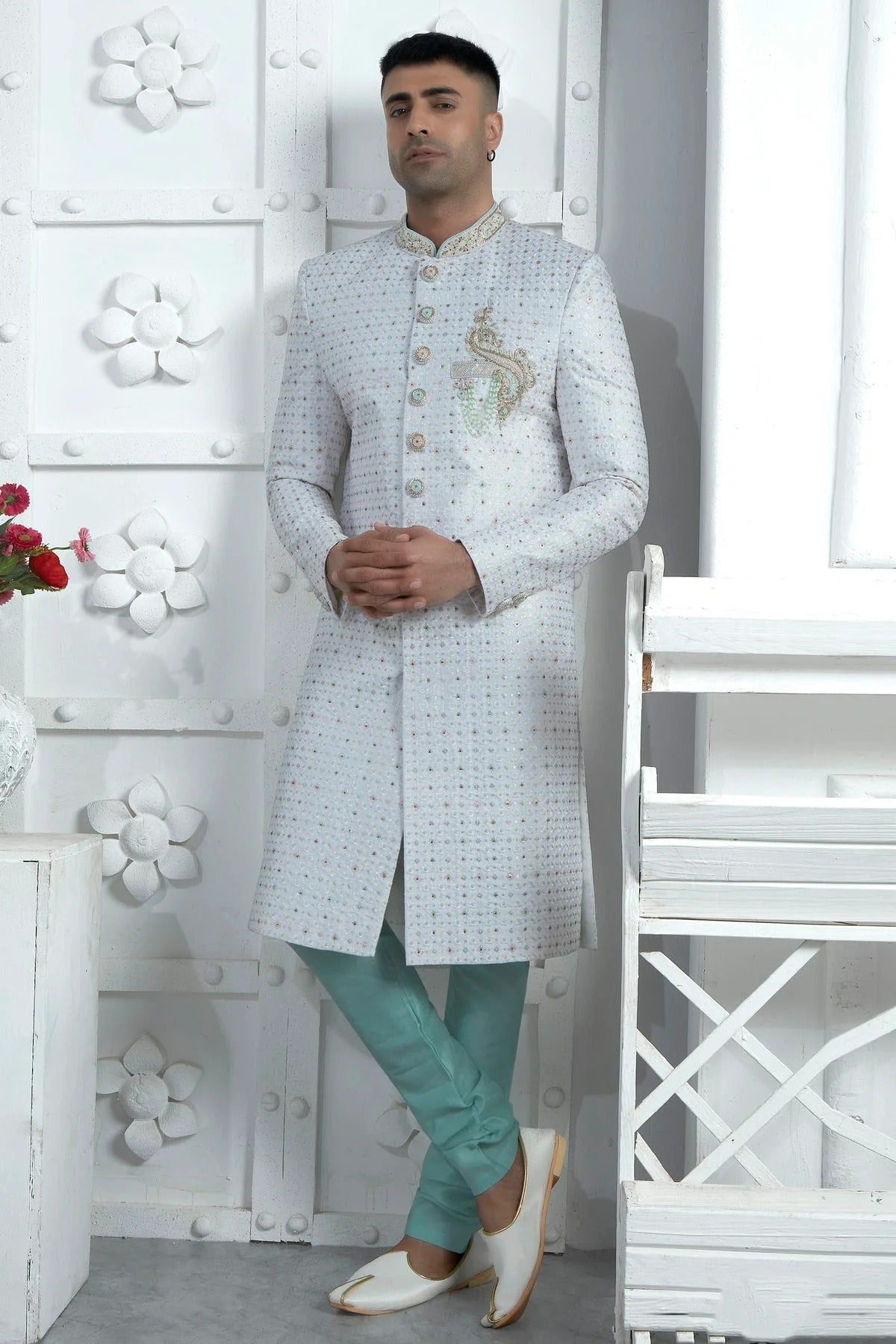 Off White Colour Georgette Sherwani With Churidar Pant SH1230074
