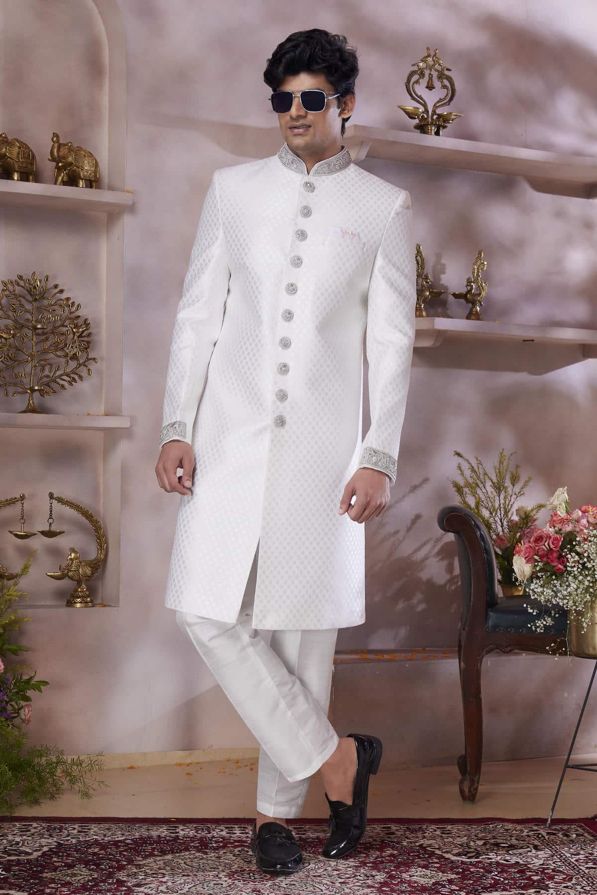 Off White Colour Jacquard Banarasi Silk Embroidery Work Sherwani