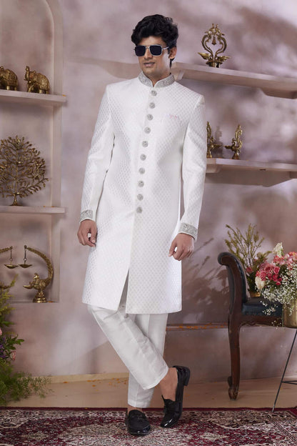 Off White Colour Jacquard Banarasi Silk Embroidery Work Sherwani
