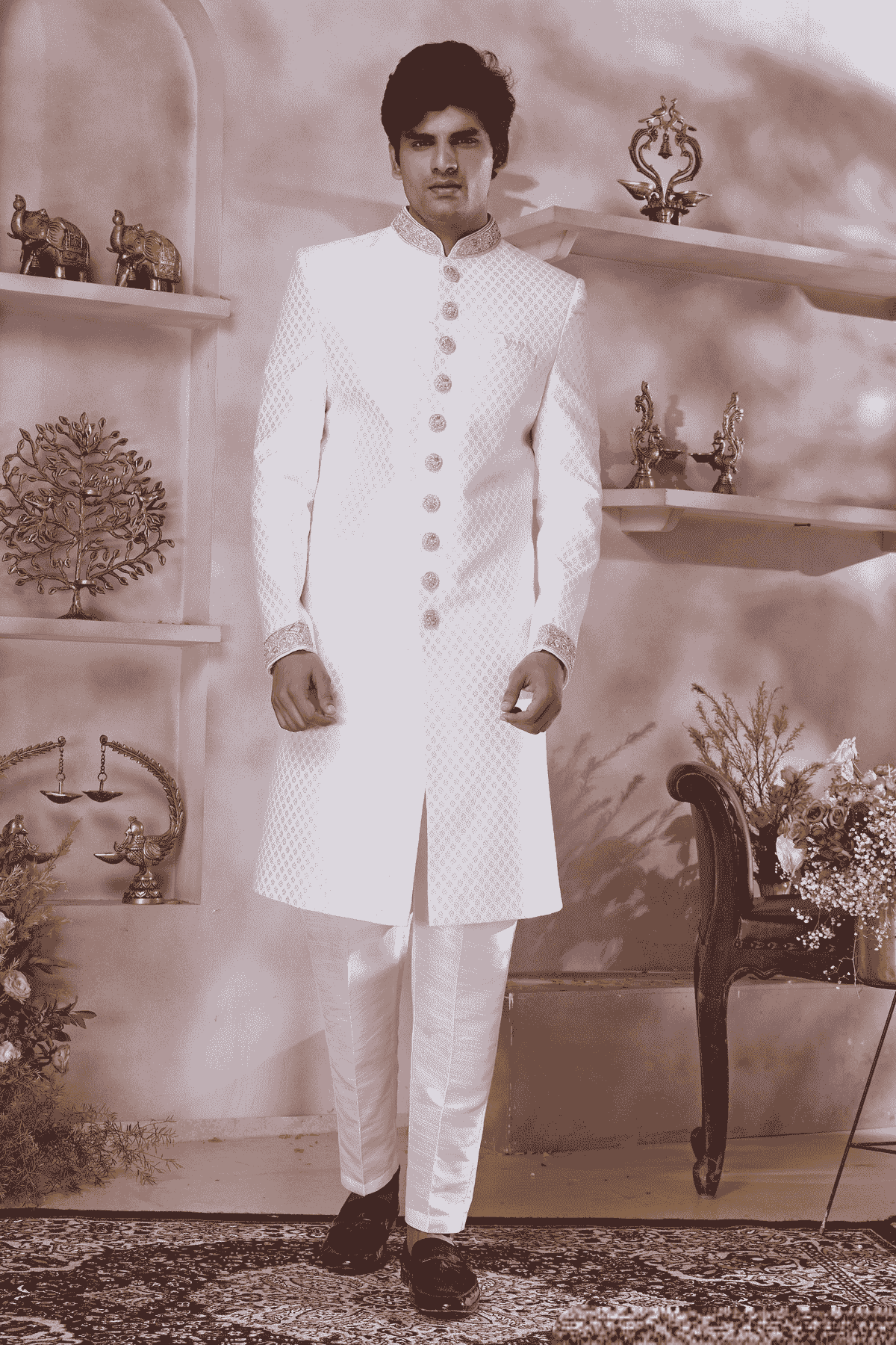 Off White Colour Jacquard Banarasi Silk Embroidery Work Sherwani