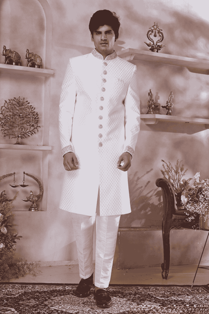 Off White Colour Jacquard Banarasi Silk Embroidery Work Sherwani