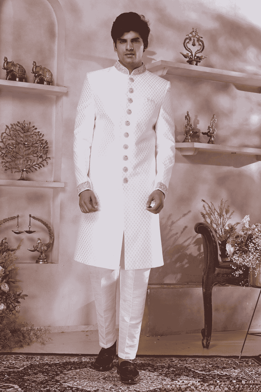 Off White Colour Jacquard Banarasi Silk Embroidery Work Sherwani