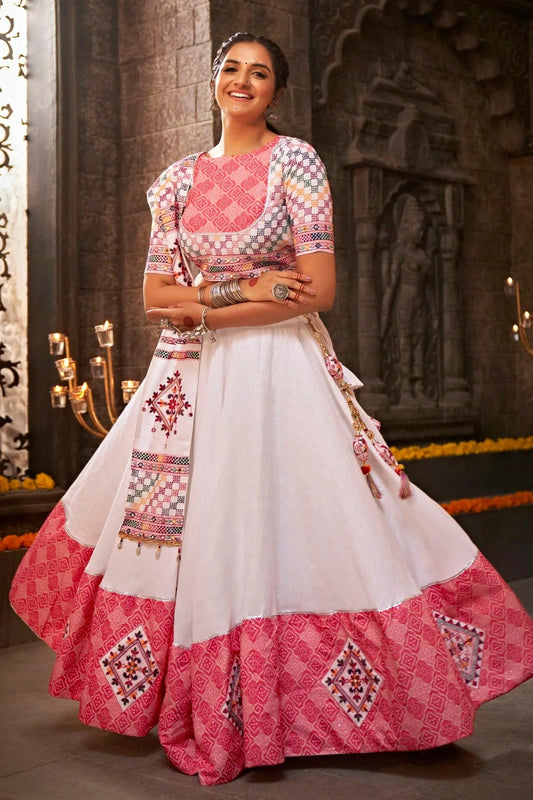 Off White Colour Jacquard Cotton Navratri Lehenga LC1150219