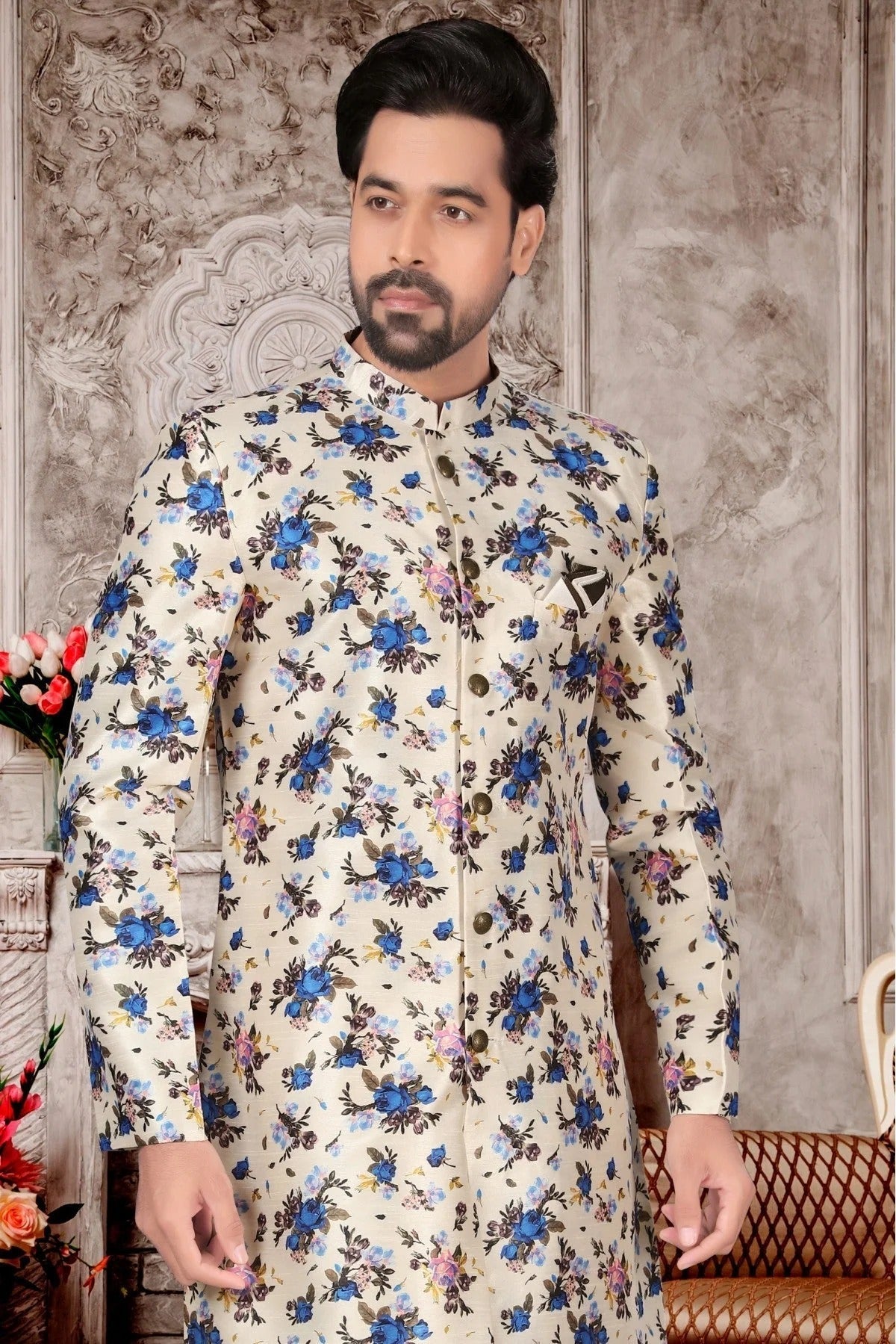 Off White Colour Jacquard Sherwani SH1040291 A