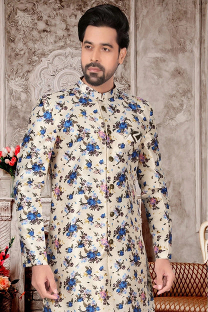 Off White Colour Jacquard Sherwani SH1040291 A