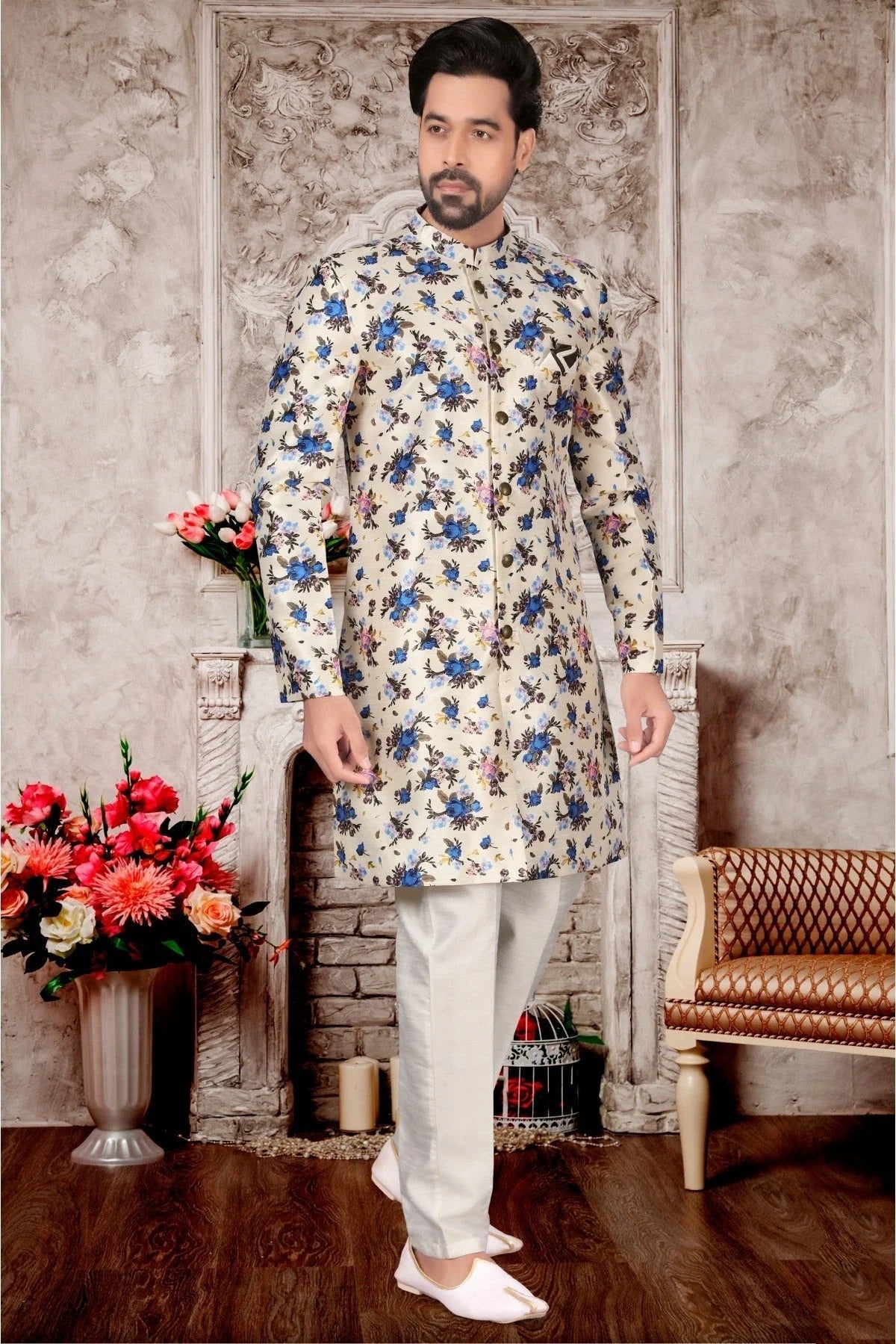 Off White Colour Jacquard Sherwani SH1040291