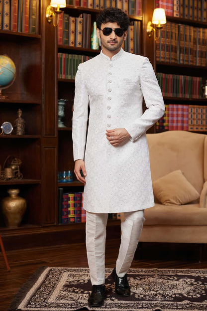 Off White Colour Jacquard Silk Embroidery Work Indo Western