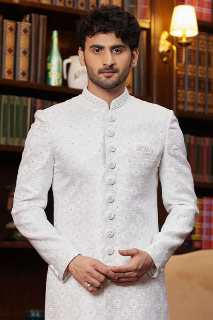 Off White Colour Jacquard Silk Embroidery Work Indo Western