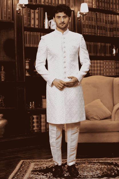 Off White Colour Jacquard Silk Embroidery Work Indo Western