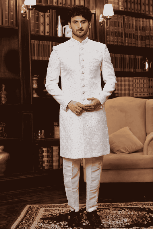 Off White Colour Jacquard Silk Embroidery Work Indo Western