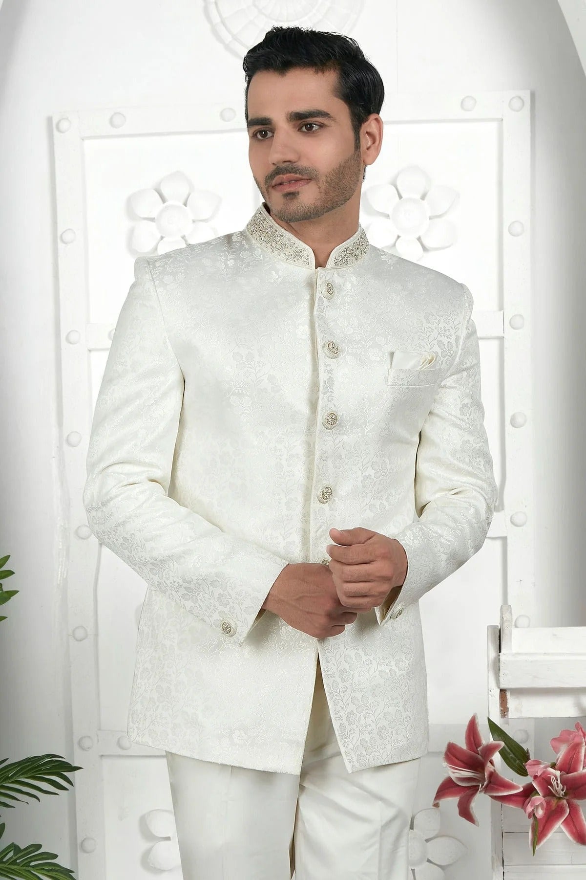 Off White Colour Jacquard Silk Jodhpuri Jacket JP1230102 A