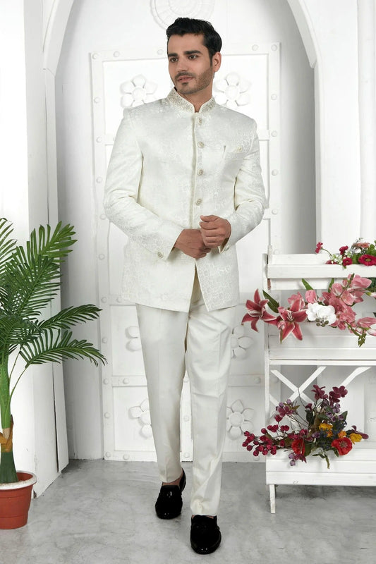 Off White Colour Jacquard Silk Jodhpuri Jacket JP1230102